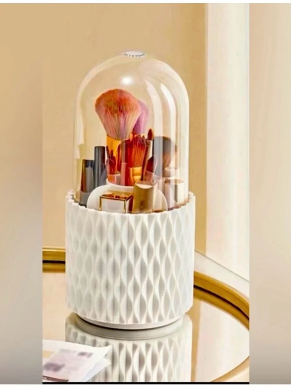 Rotating White Cosmetic Organizer with Clear Dome